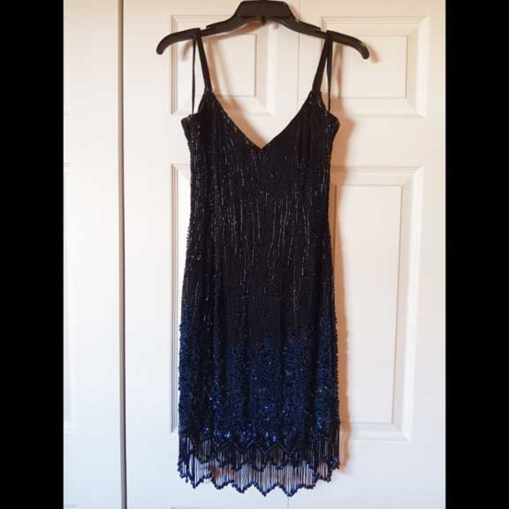 Oleg Cassini Blacktie Beaded/Sequined Party Dress, Black and Navy Size 8